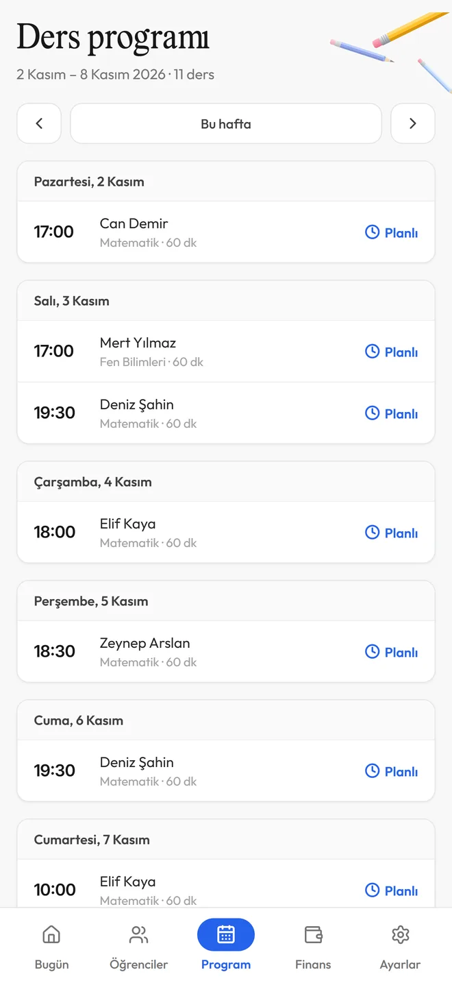 DersCepte mobil uygulaması: haftalık ders programı